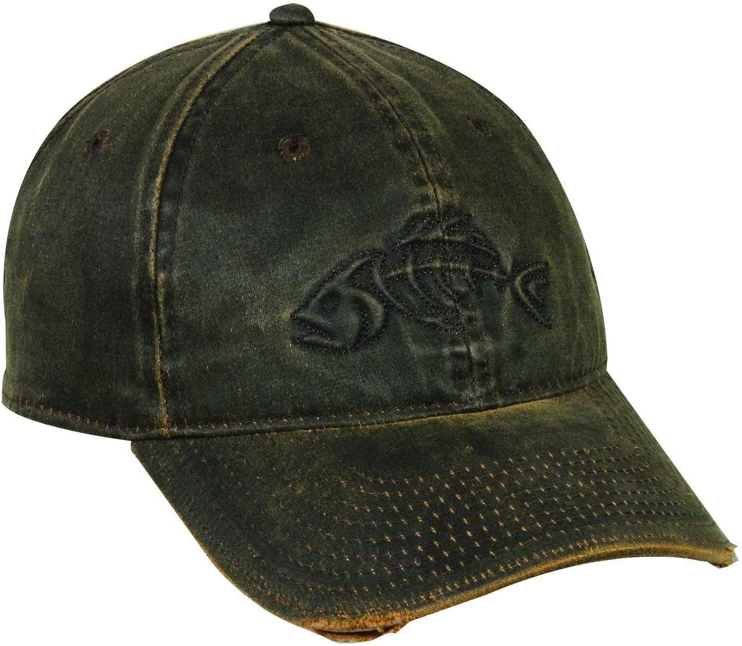 Distressed dark green outdoor cap with embroidered fish design on front panel