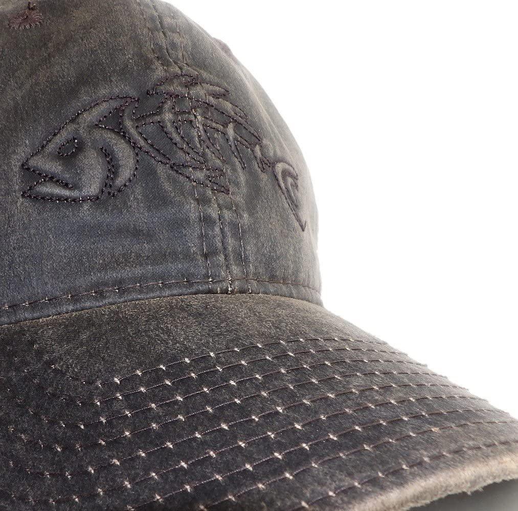 Close-up of gray outdoor cap with embroidered fossil fish design on front panel