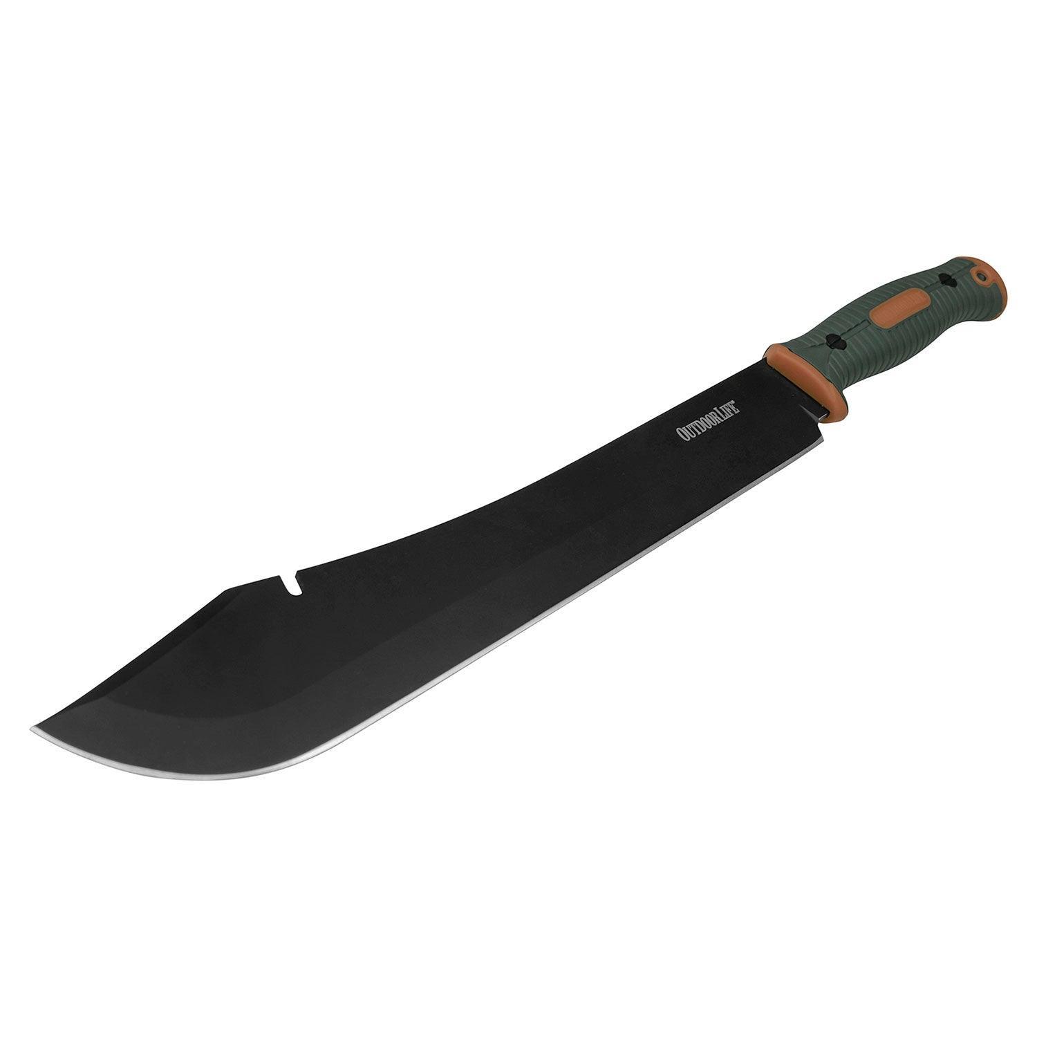 Outdoor Life camping machete with green textured handle and black blade on white background
