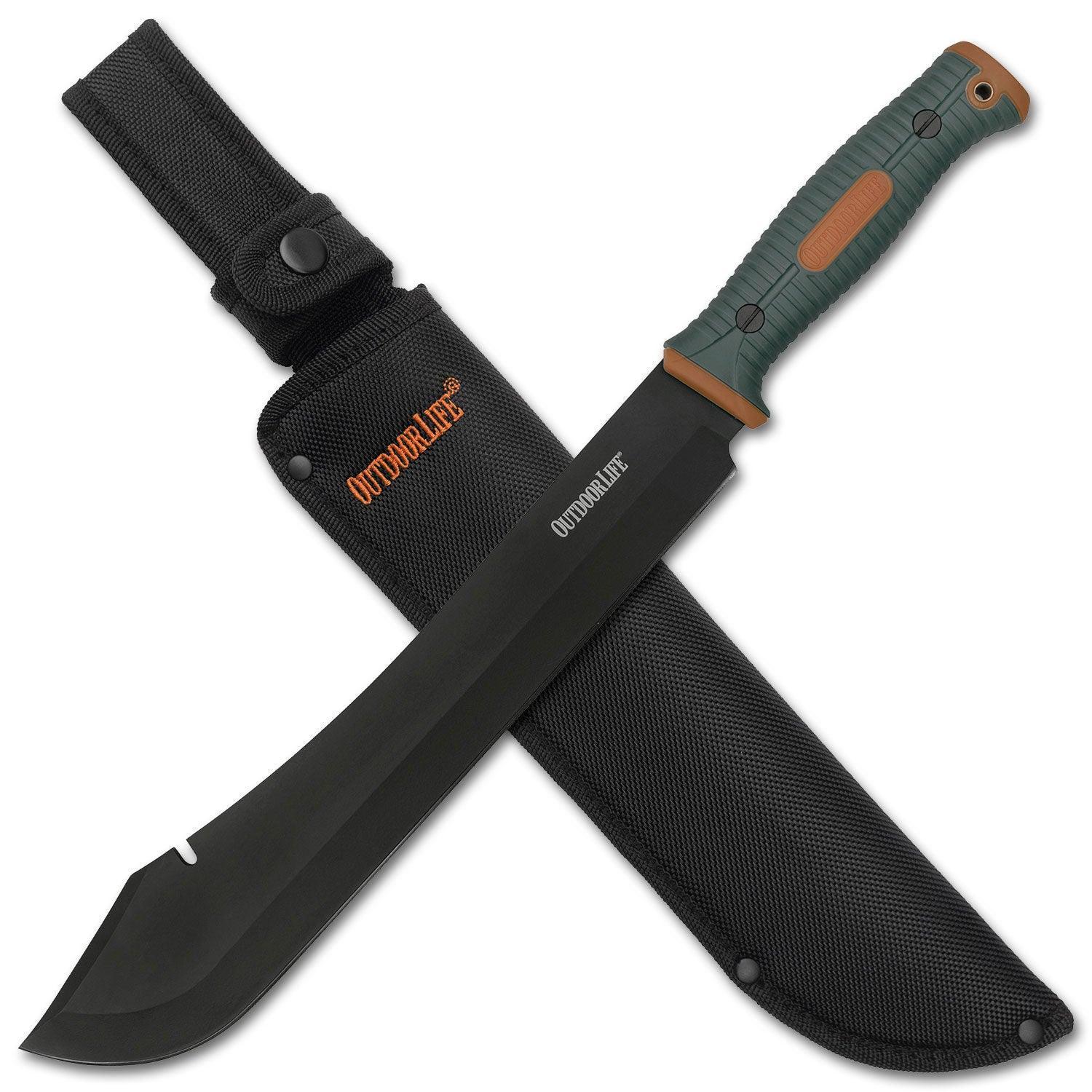 Outdoor Life camping machete with green handle and black sheath on white background