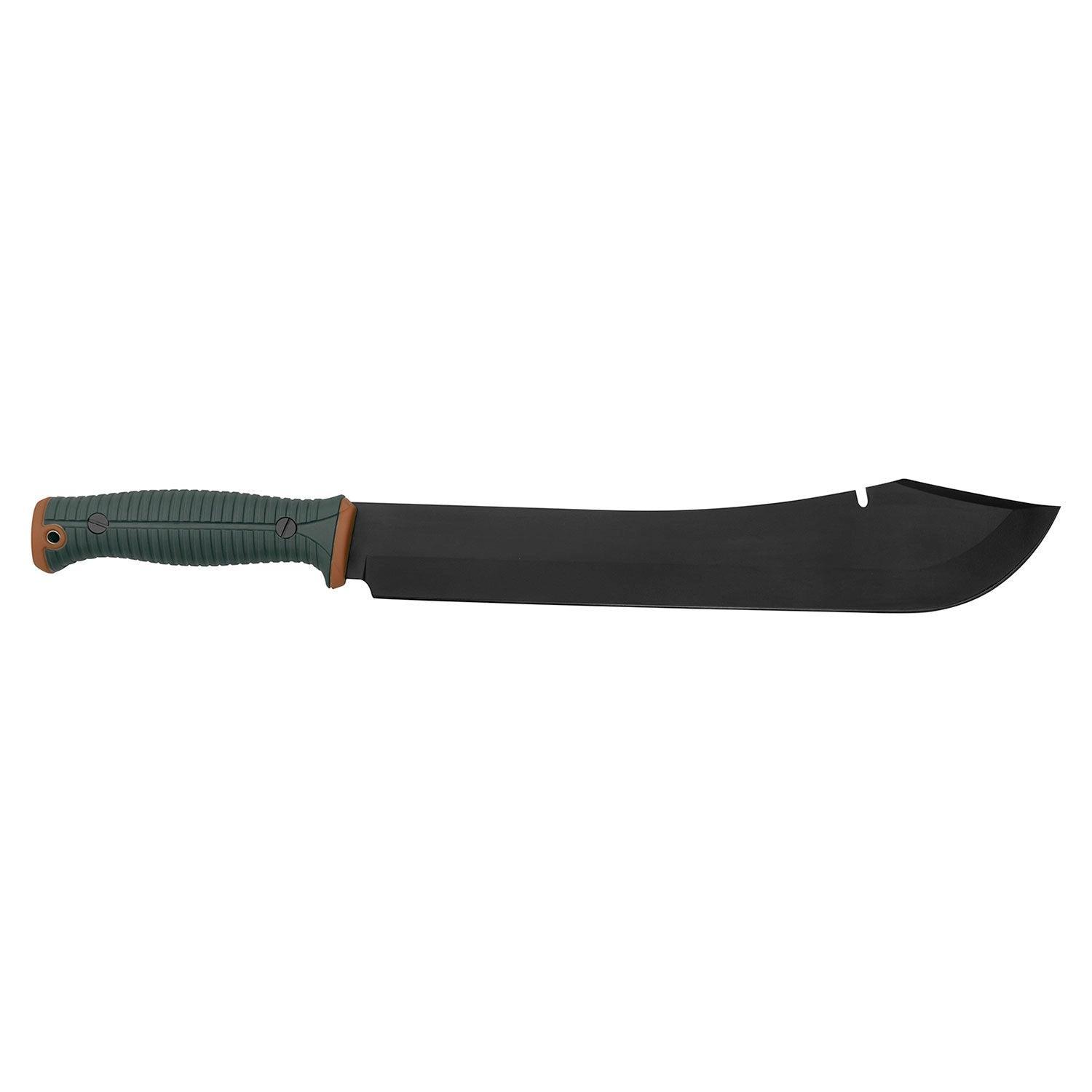 Black camping machete with green textured handle on white background