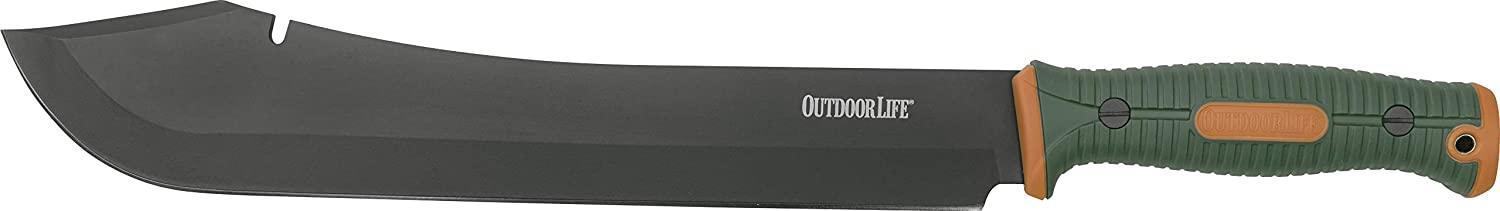 Outdoor Life camping machete with green textured handle and black blade