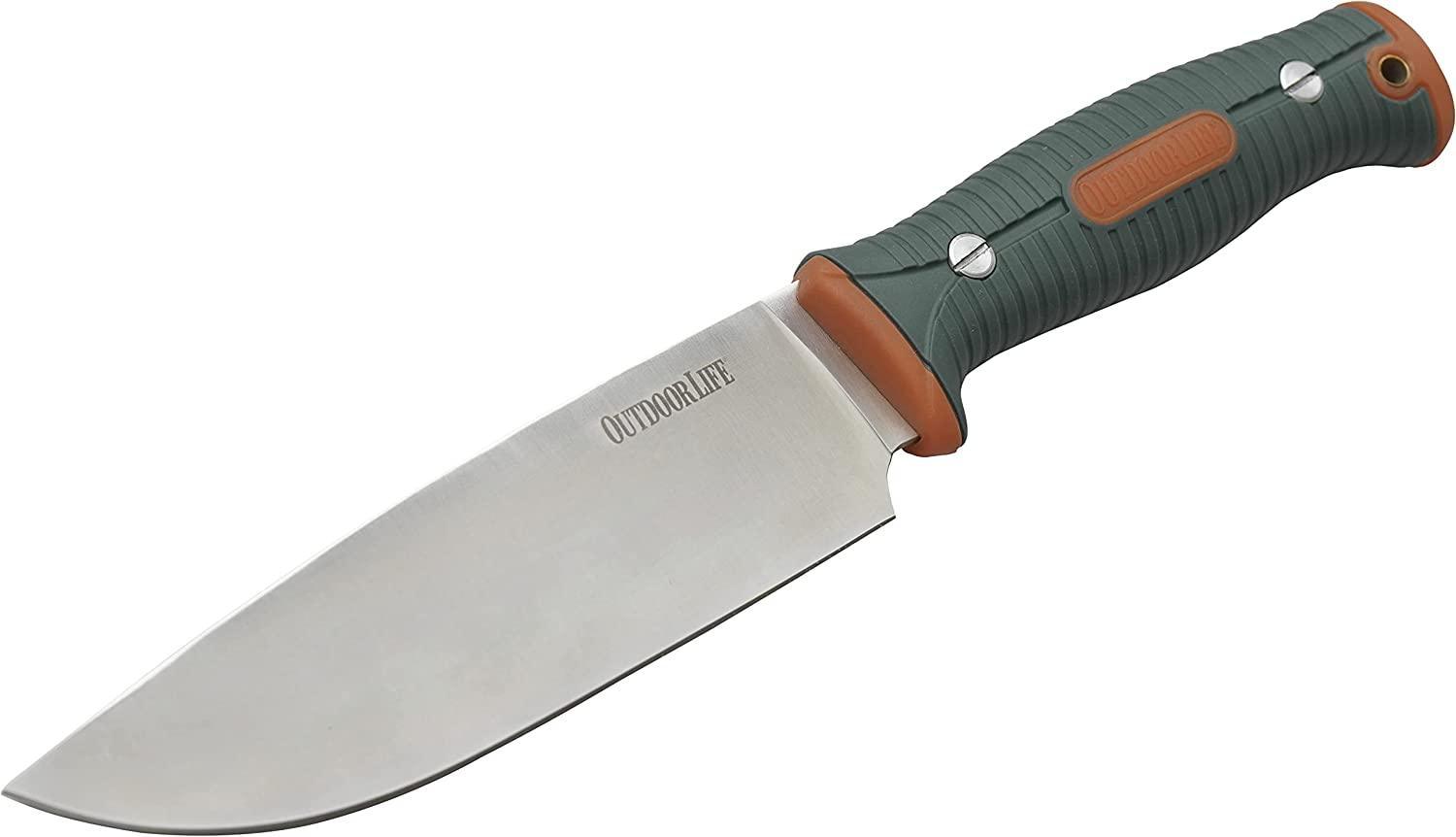 Outdoor Life fixed blade camping chef knife with green and orange textured handle