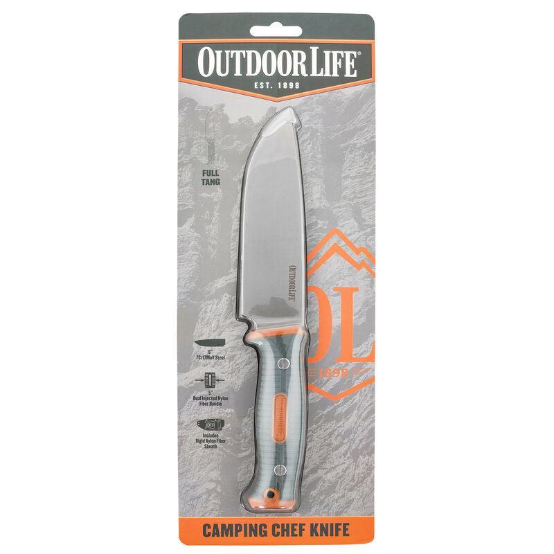 Outdoor Life fixed blade camping chef knife in packaging with gray and orange handle
