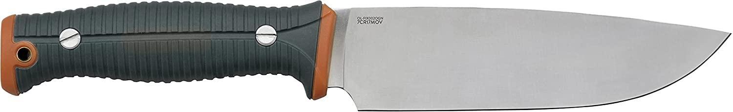 Fixed blade camping chef knife with black textured handle and orange accents on white background