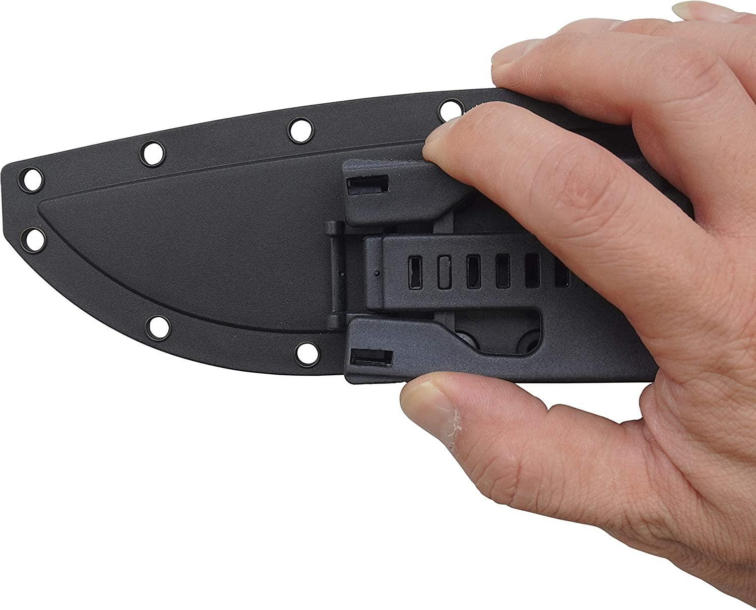 Hand holding black outdoor fixed blade camping chef knife sheath with belt clip