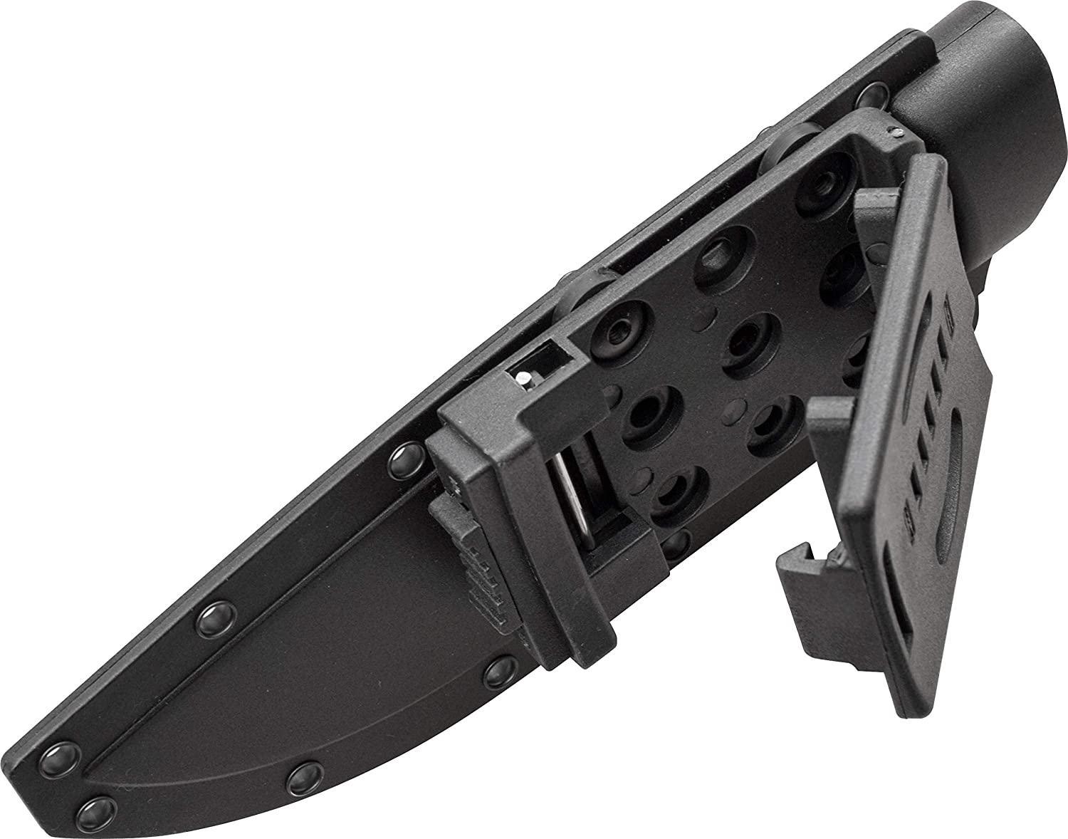 Black fixed blade knife with a rugged sheath and belt clip for outdoor camping use