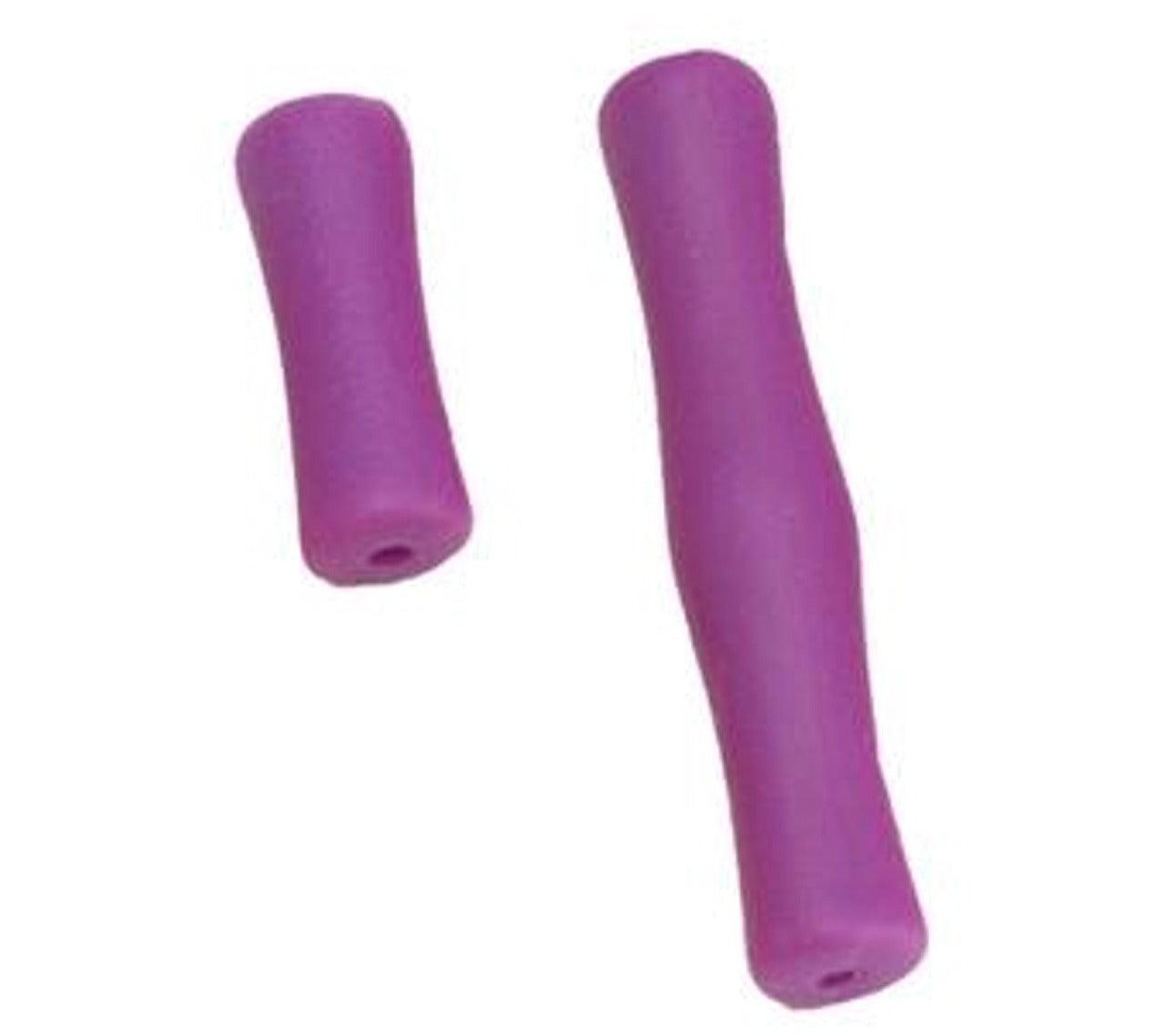 Two purple Pine Ridge Archery finger savers on a white background