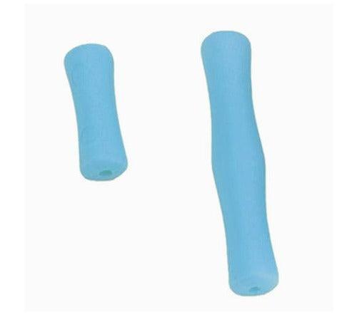 Two blue Pine Ridge Archery finger savers on a white background