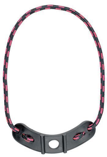 Braided archery wrist sling with black and pink cord and black plastic mount