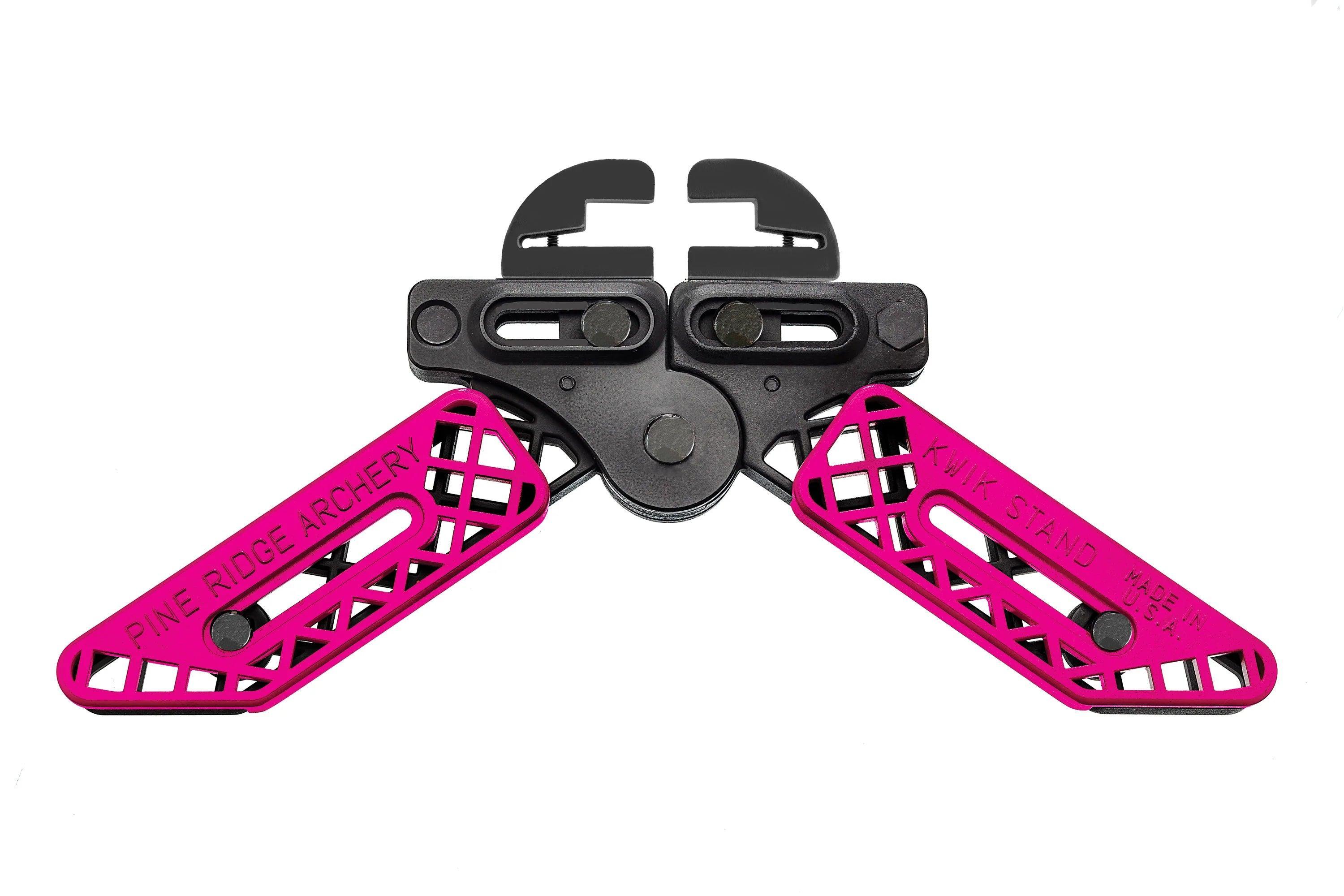Pine Ridge Archery Kwik Stand bow support with pink arms and black clamp on white background