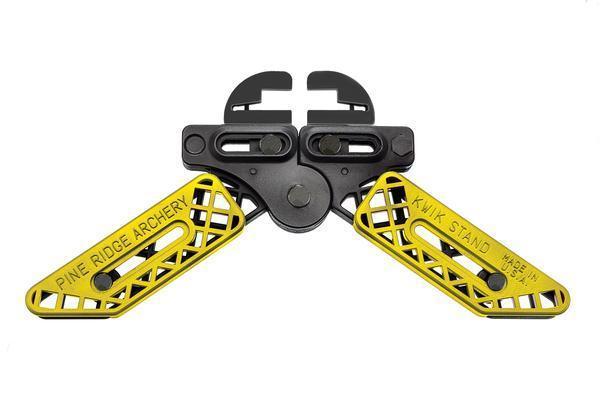 Pine Ridge Archery Kwik Stand Bow Support with black and yellow foldable legs on white background.