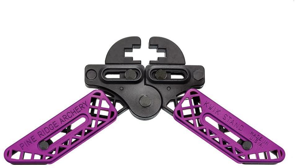 Pine Ridge Archery Kwik Stand bow support with purple legs and black clamp, on white background