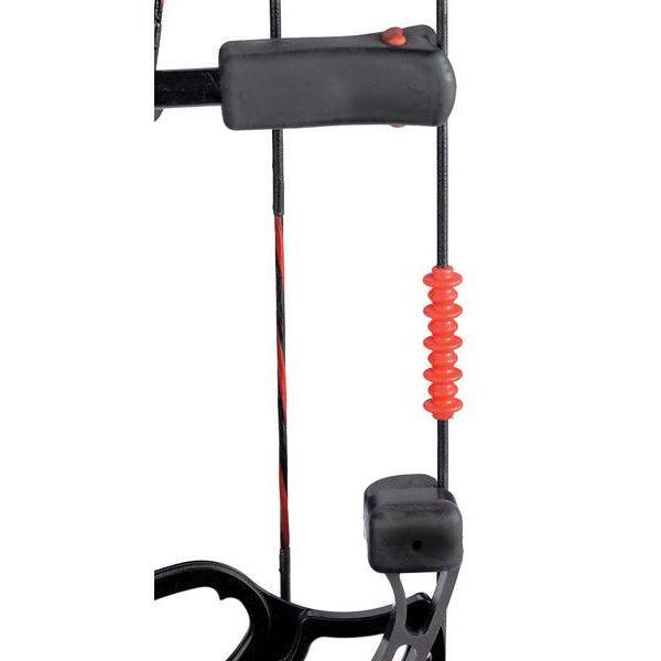 Pine Ridge Archery Nitro Button XL on bowstring, red vibration dampener accessory