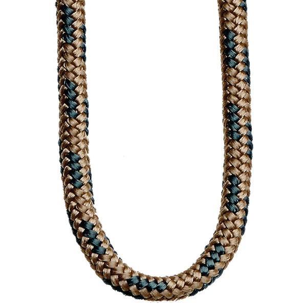 Close-up of brown and black braided archery bowstring loop