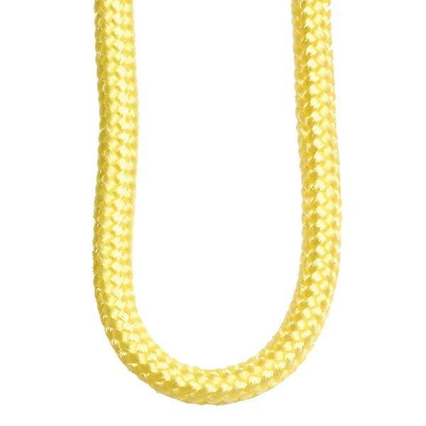 Close-up of yellow braided archery string loop on white background