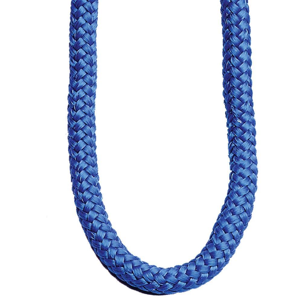 Blue braided archery string loop close-up, durable bow accessory on white background