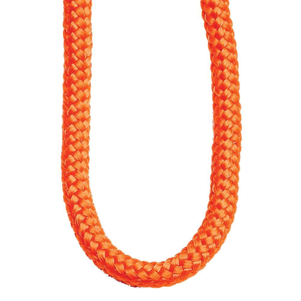 Close-up of a bright orange braided archery string loop against white background