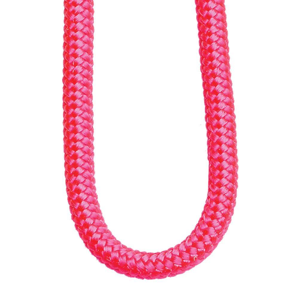 Close-up of bright pink braided archery bow string loop on white background