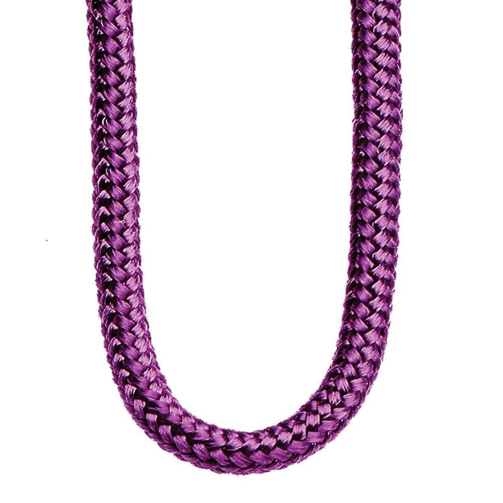 Close-up of a purple braided archery string loop against a white background