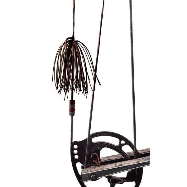 Pine Ridge Archery Nitro Whiskers bow silencer attached to a compound bow string.