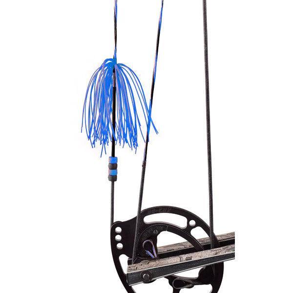 Pine Ridge Archery Nitro Whiskers blue string silencer installed on a compound bow