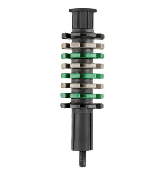 Pine Ridge Archery Sawtooth Stabilizer with black, green, and silver rings on white background