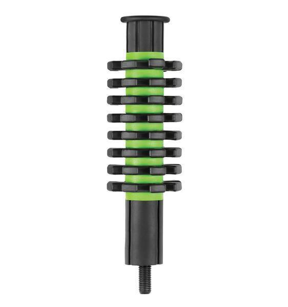 Black and green Pine Ridge Archery Sawtooth bow stabilizer on white background