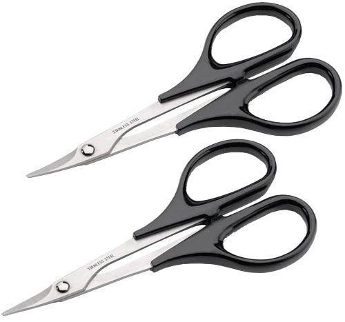 Pair of stainless steel archery serving shop scissors with black handles