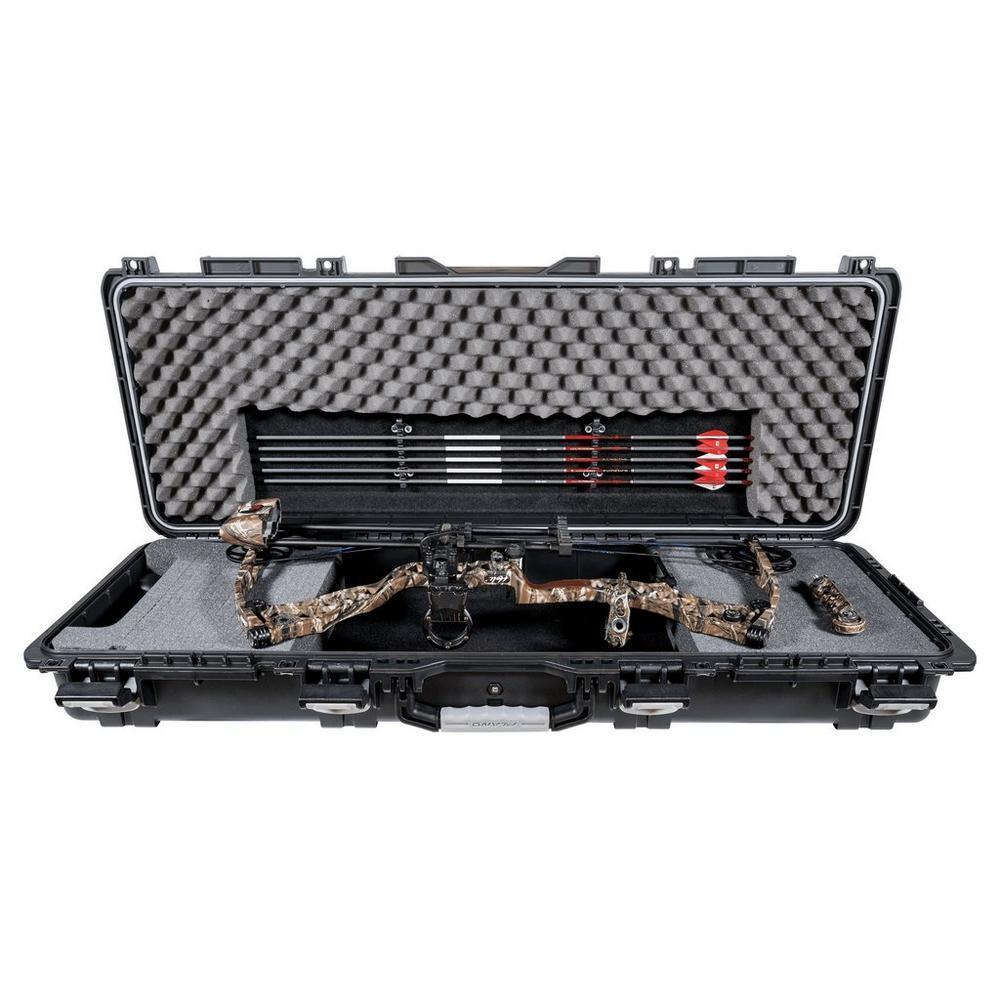 Plano Archery Field Locker Element bow case with camo compound bow and arrows in foam interior