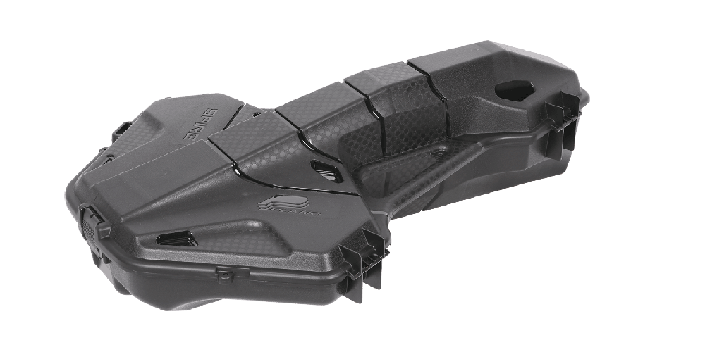 Plano Archery Spire compact crossbow case, black hard shell with latches, on white background