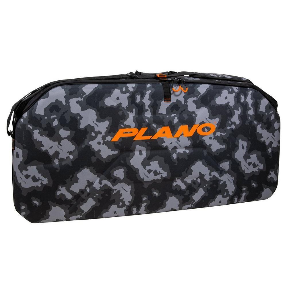 Plano Archery Stealth Bow Case with black and gray camo pattern and orange logo