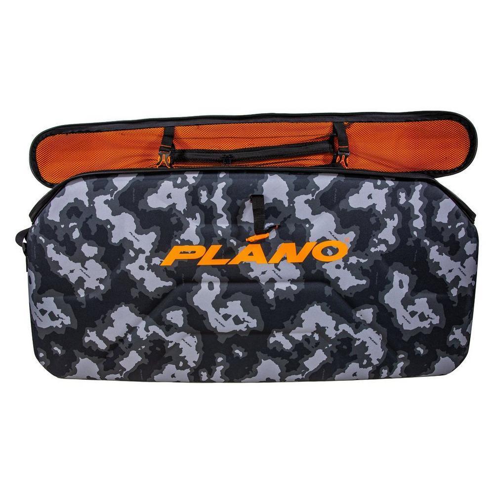 Plano Archery Stealth Bow Case with black and grey camo, orange interior and logo