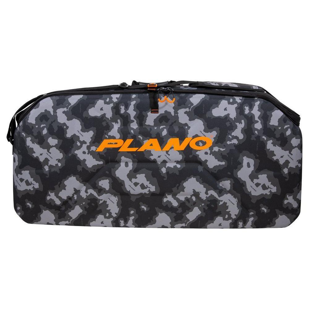 Plano Stealth archery bow case in gray camo design with orange branding