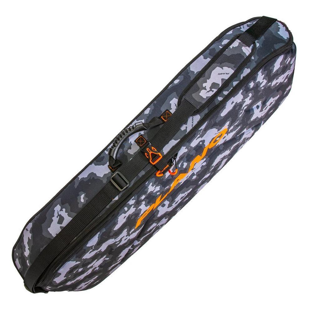 Plano Archery Stealth Bow Case with black and gray camo pattern and orange logo