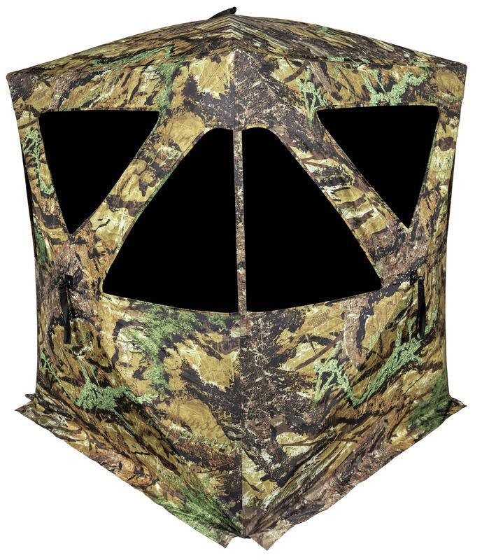Camo pattern Primos Hidesight hunting blind with large triangle windows, outdoor gear