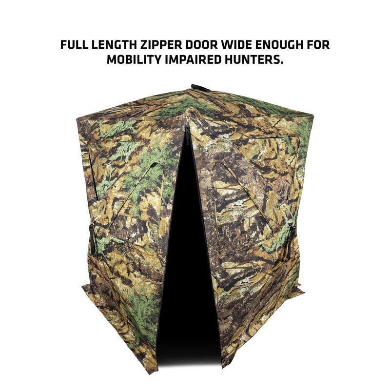 Camo hunting blind with full length zipper door for mobility impaired hunters
