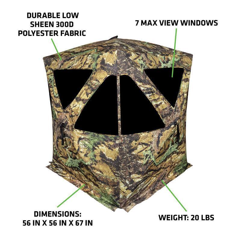 Camo hunting blind with 7 windows, durable 300D polyester, 56x56x67 in, weighs 20 lbs