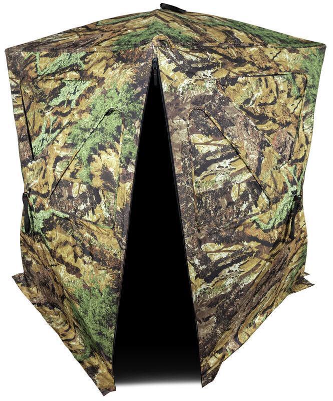 Camo hunting blind with zippered front opening and leafy green and brown camouflage pattern
