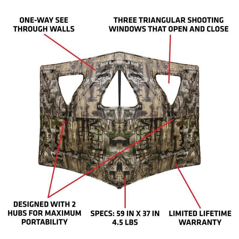 Primos Hunting Double Bull SurroundView Stakeout hunting blind with camo pattern and three triangular shooting windows.