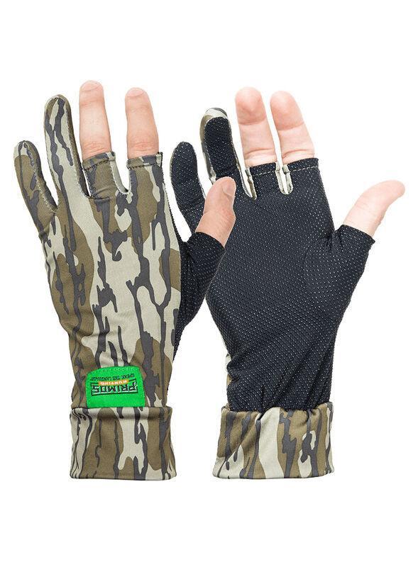 Primos Hunting fingerless camouflage gloves, Mossy Oak Bottomland, front and palm view