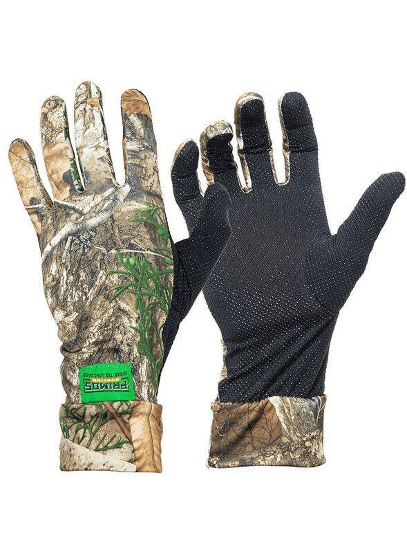 Primos Stretch Fit camo gloves in Realtree Edge pattern with grip palms, outdoor apparel