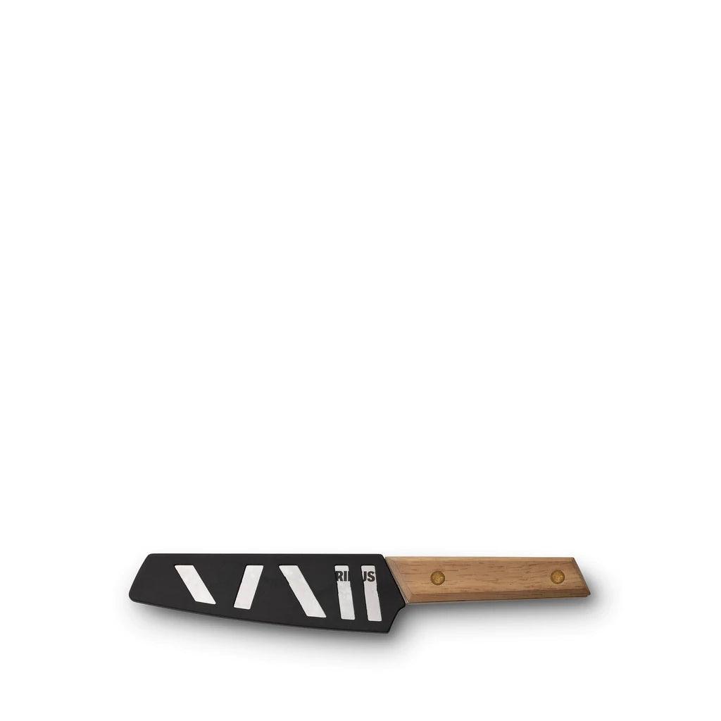Primus campfire knife with black blade and wooden handle on a white background