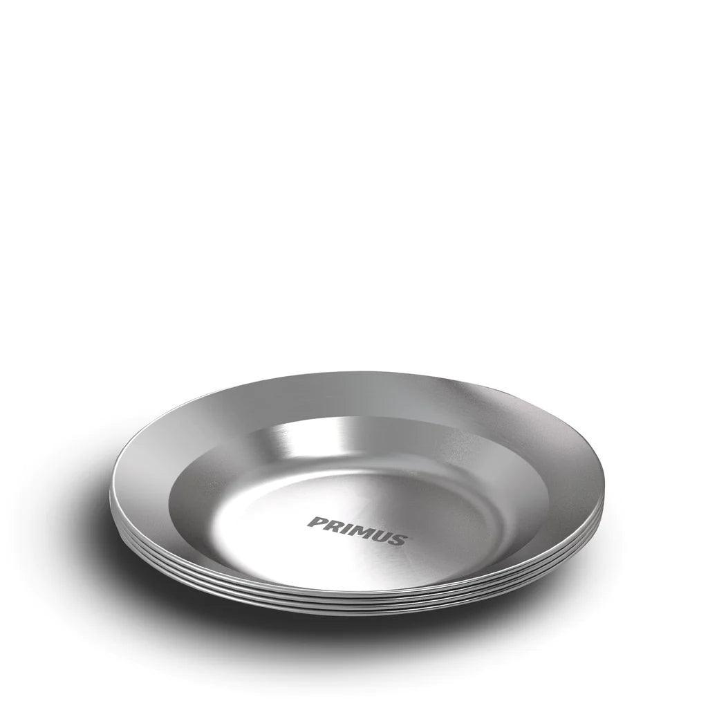 Primus stainless steel campfire plate stack on white background