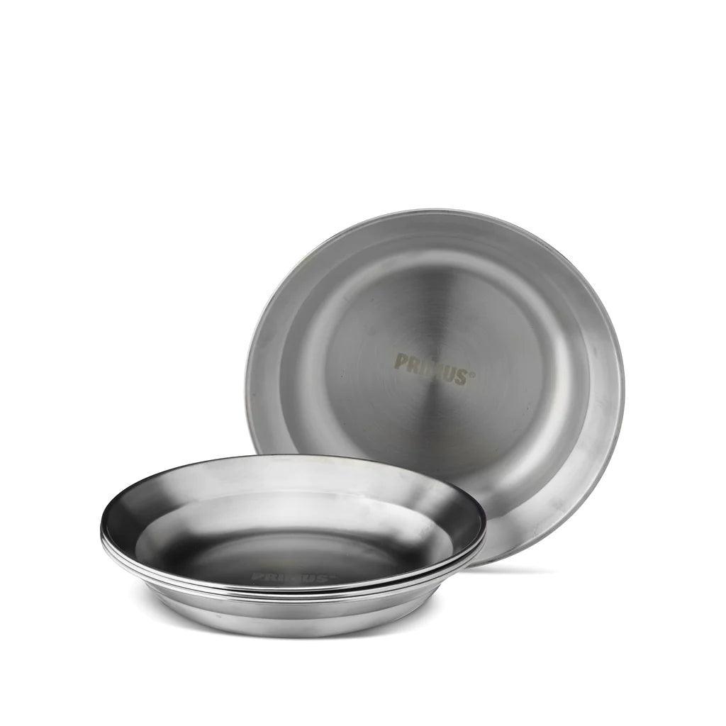 Primus stainless steel campfire plates set on white background, outdoor camping cookware