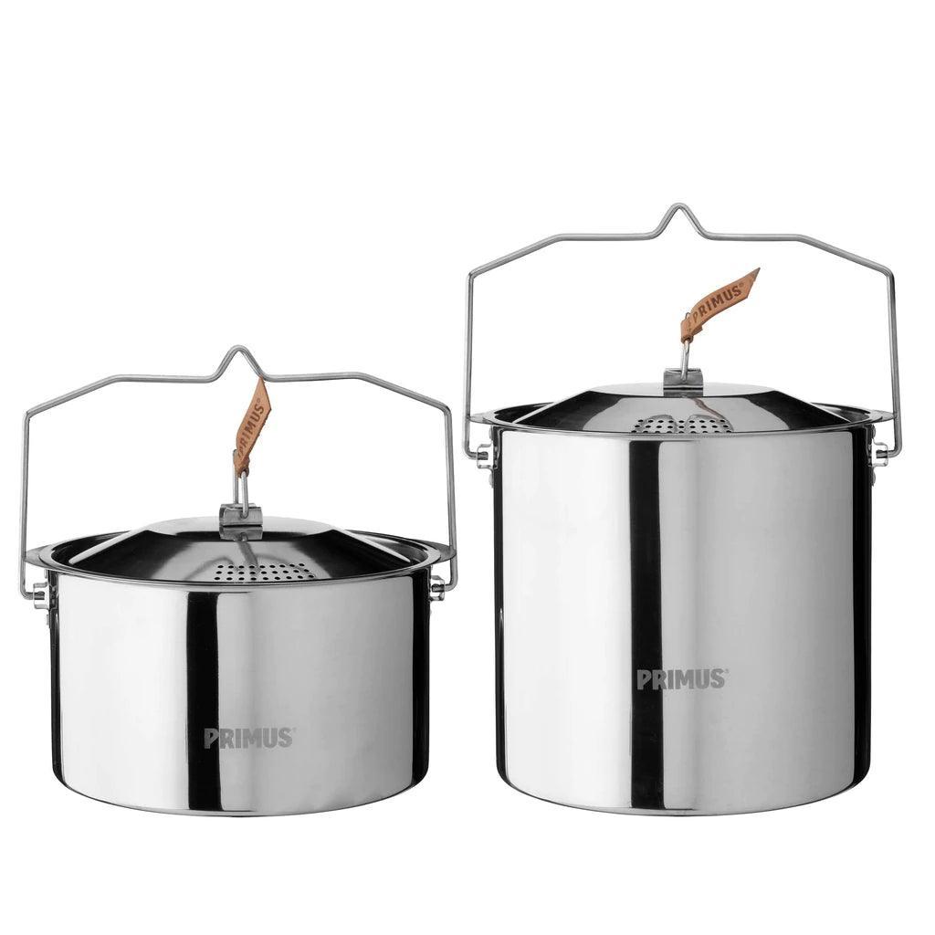 Primus stainless steel campfire pots with lids and handles on white background