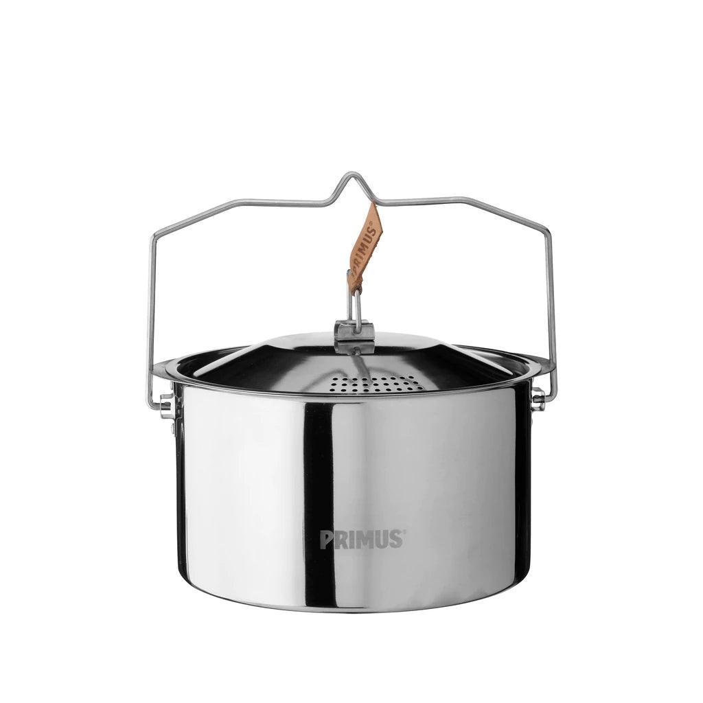 Primus stainless steel campfire pot with lid and foldable handle on white background