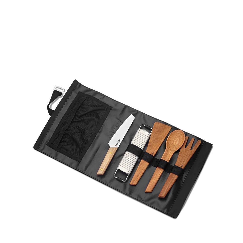 Primus Campfire Prep Set with knife, grater, and wooden utensils in black roll pouch
