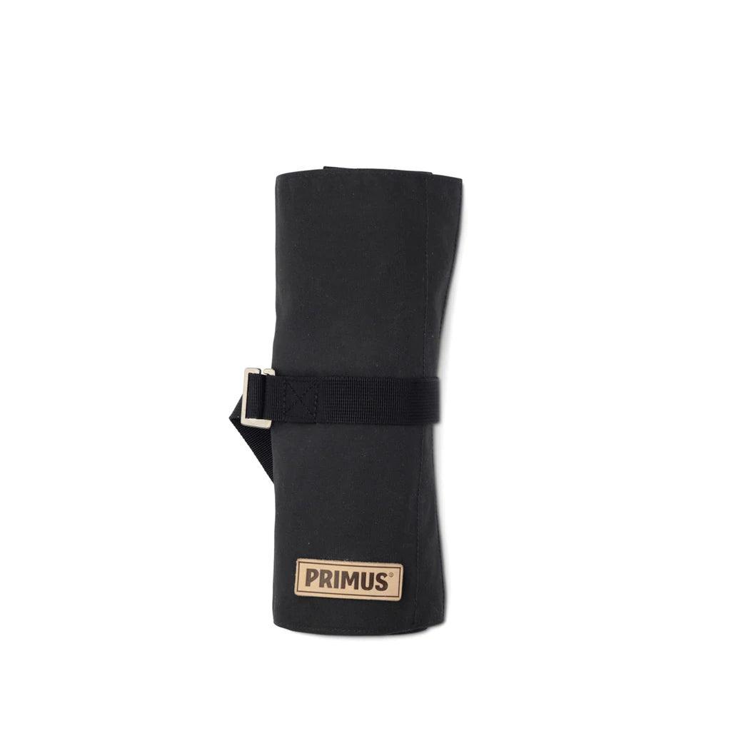 Primus Campfire Prep Set black canvas roll with strap and logo on white background