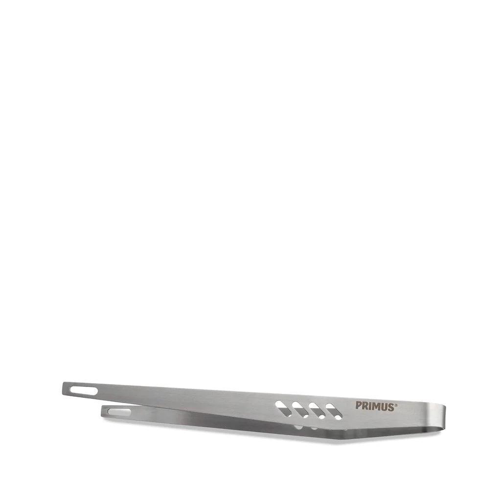 Primus stainless steel campfire tongs with slotted handle on white background